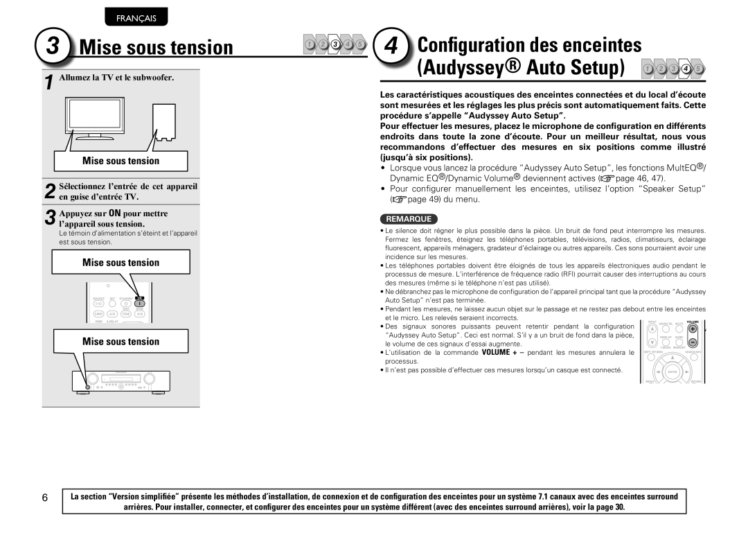 Marantz NR1601 manual Mise sous tension, Audyssey Auto Setup, Configuration des enceintes, Français, jusqu’à six positions 