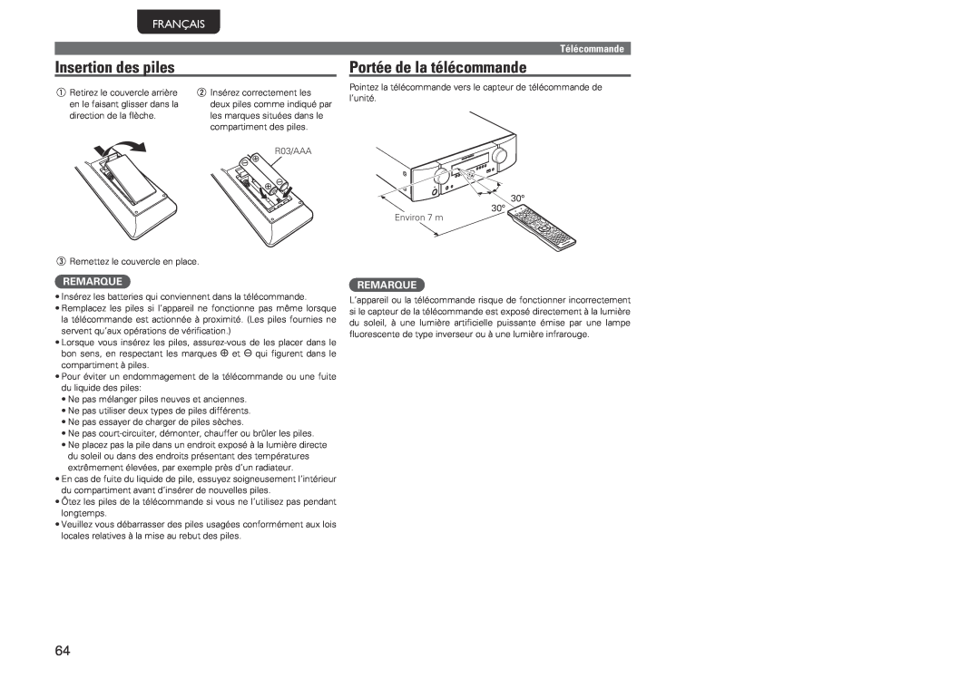 Marantz NR1601, 541110480028M manual Insertion des piles, Portée de la télécommande, Français, Télécommande, Remarque 