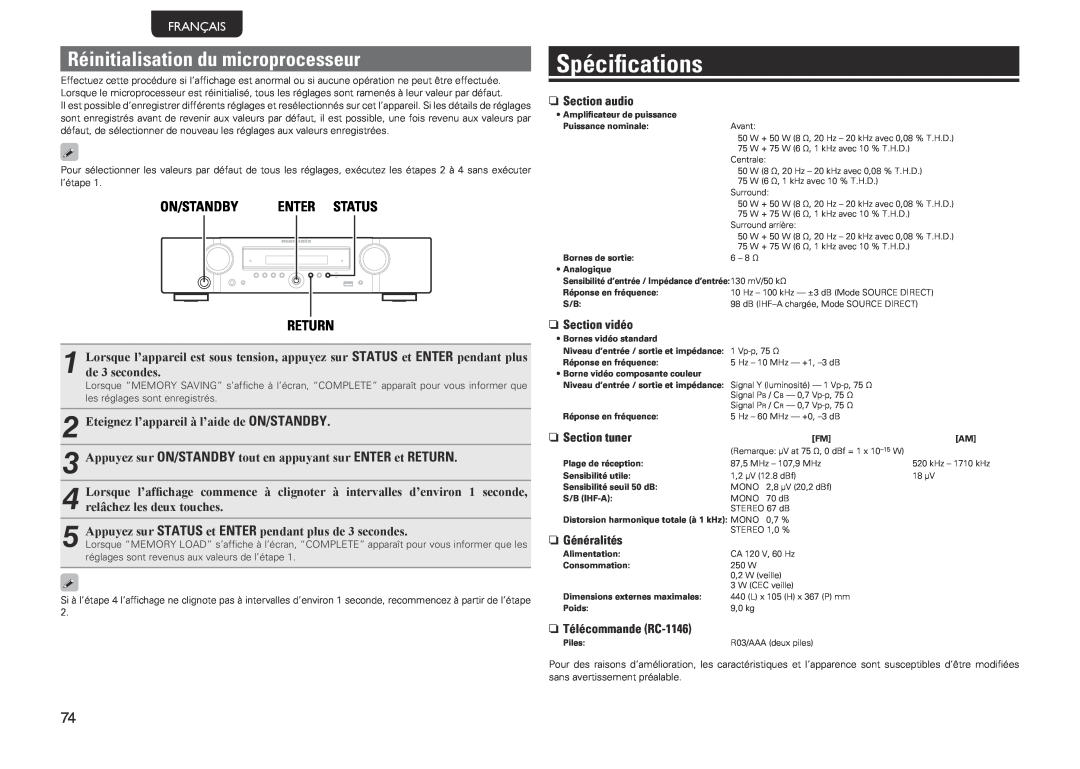 Marantz NR1601 manual Spécifications, Réinitialisation du microprocesseur, Enter Status, Return, Français, On/Standby 