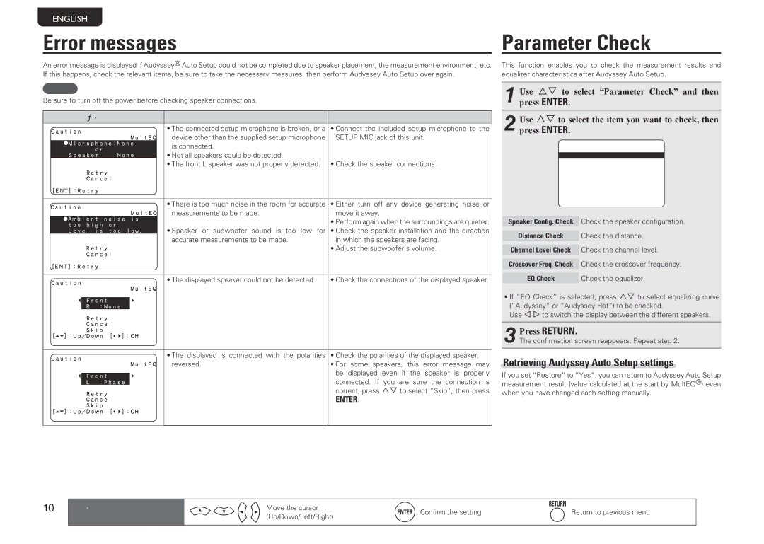 Marantz NR1601 Retrieving Audyssey Auto Setup settings, Press Return, Examples Error details Measures, Distance Check 