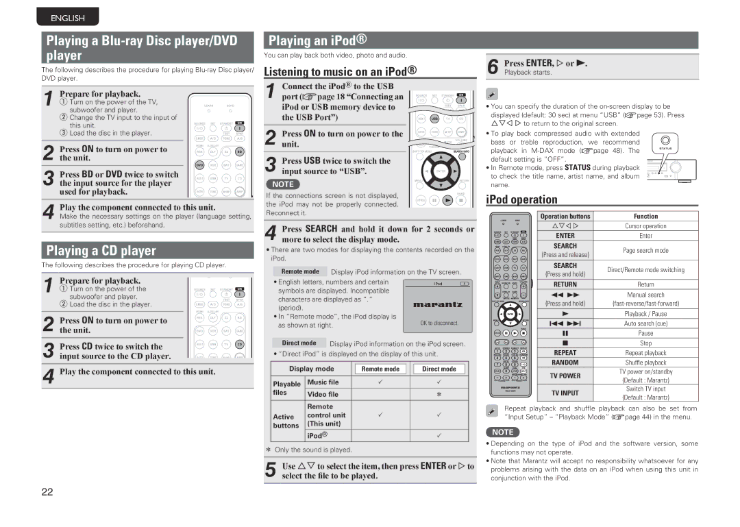 Marantz NR1601 manual Playing a Blu-ray Disc player/DVD player, Playing a CD player, Playing an iPod, IPod operation 