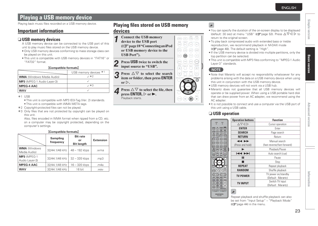 Marantz NR1601 manual Playing a USB memory device, Important information, Playing files stored on USB memory devices 