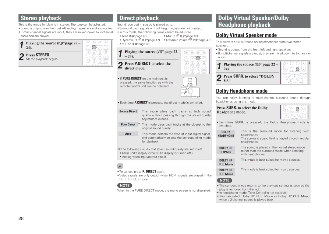 Marantz NR1601 Stereo playback, Direct playback, Dolby Virtual Speaker/Dolby Headphone playback, Dolby Headphone mode 