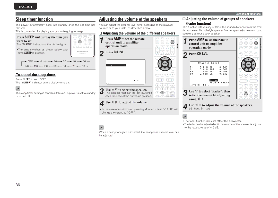 Marantz NR1601 manual Sleep timer function, Adjusting the volume of the speakers, To cancel the sleep timer 