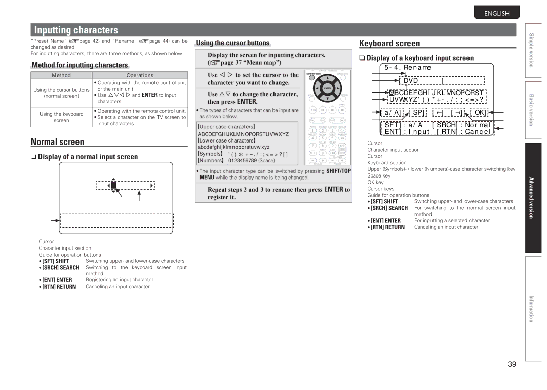 Marantz NR1601 manual Inputting characters, Normal screen, Keyboard screen 