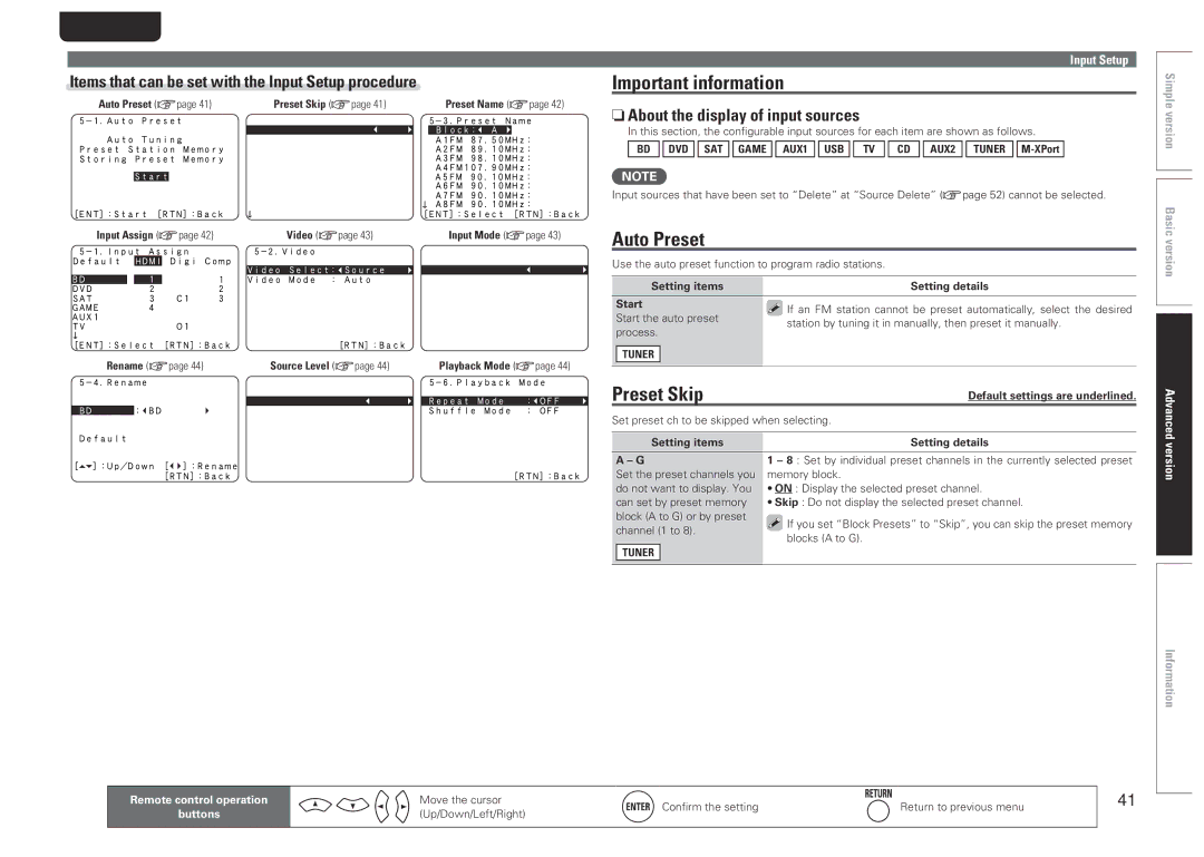 Marantz NR1601 manual Auto Preset, Preset Skip, Items that can be set with the Input Setup procedure, Tuner 