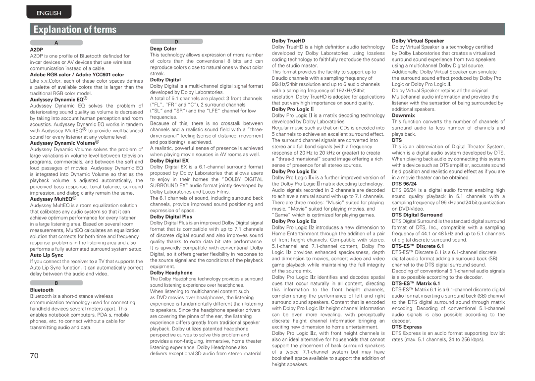 Marantz NR1601 manual Explanation of terms, A2DP, Dts 