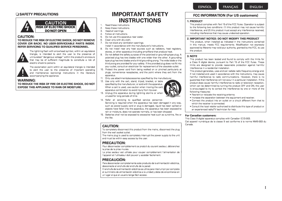 Marantz NR1601 manual Important Safety Instructions, nSAFETY PRECAUTIONS, Precaution, Precaución, Español Français English 