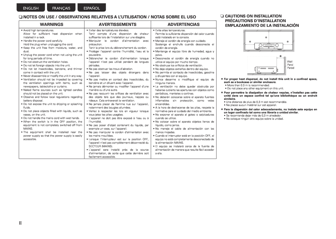 Marantz NR1601 manual Warnings, Avertissements, Advertencias, English Français Español, n CAUTIONS ON INSTALLATION 