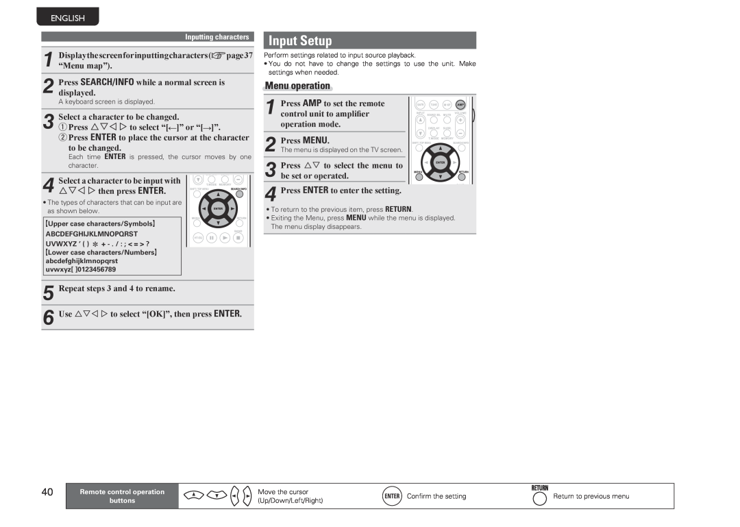 Marantz NR1601 manual Input Setup, Menu operation, English, Press SEARCH/INFO while a normal screen is displayed 