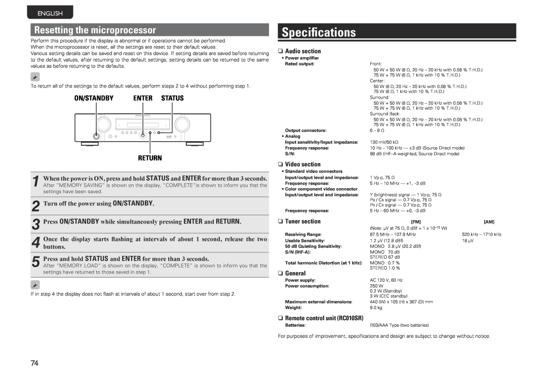 Marantz NR1601 manual Specifications, Resetting the microprocessor, Enter Status, Return, English 