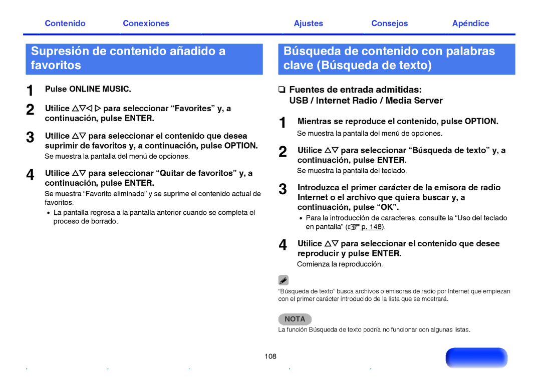 Marantz NR1605 Supresión de contenido añadido a favoritos, Búsqueda de contenido con palabras clave Búsqueda de texto 