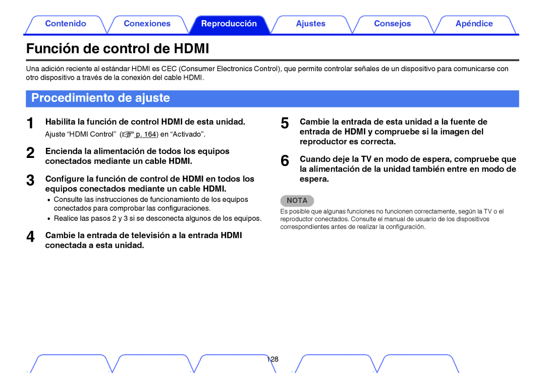 Marantz NR1605 Función de control de Hdmi, Procedimiento de ajuste, Habilita la función de control Hdmi de esta unidad 