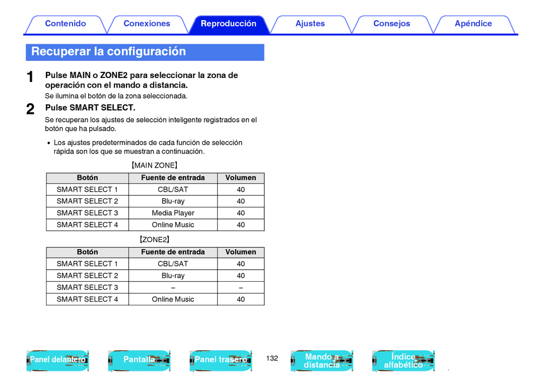 Marantz NR1605 manual Recuperar la configuración, Pulse Main o ZONE2 para seleccionar la zona de, Pulse Smart Select 