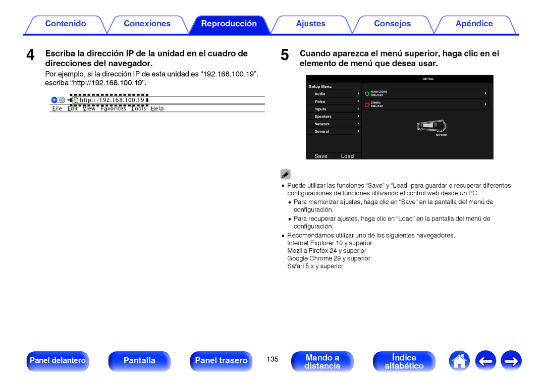 Marantz NR1605 manual Escriba la dirección IP de la unidad en el cuadro de, Direcciones del navegador 