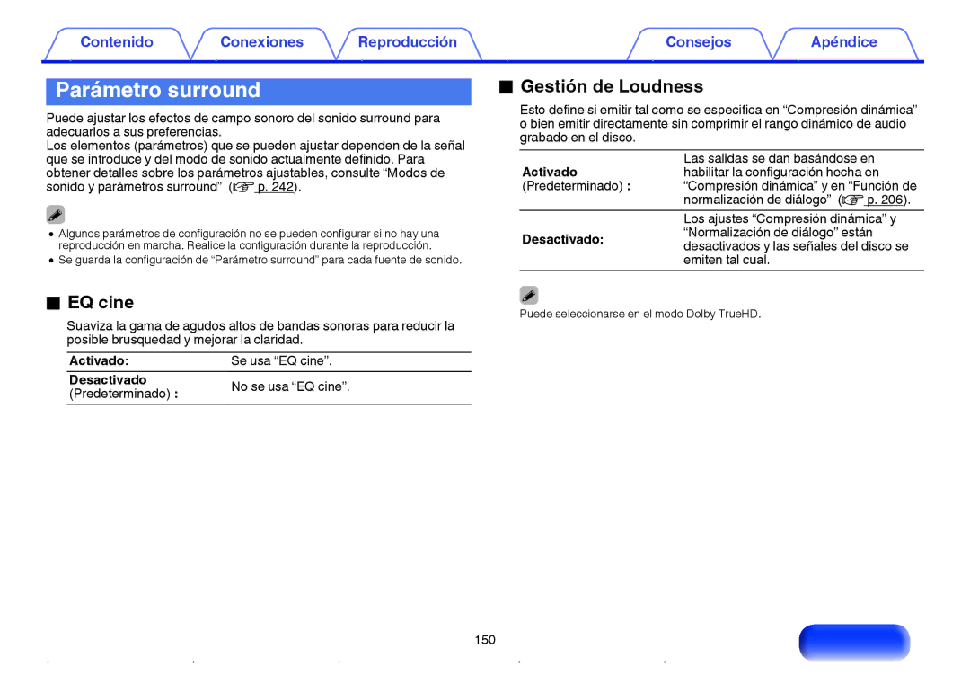 Marantz NR1605 manual Parámetro surround, EQ cine, Gestión de Loudness, Desactivado Predeterminado 