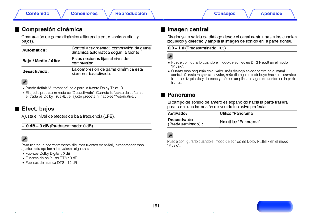 Marantz NR1605 manual Compresión dinámica, Efect. bajos, Imagen central, Panorama 