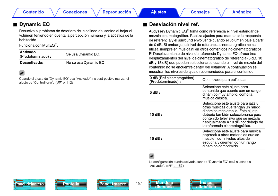 Marantz NR1605 manual Dynamic EQ, Desviación nivel ref, 10 dB, 15 dB 