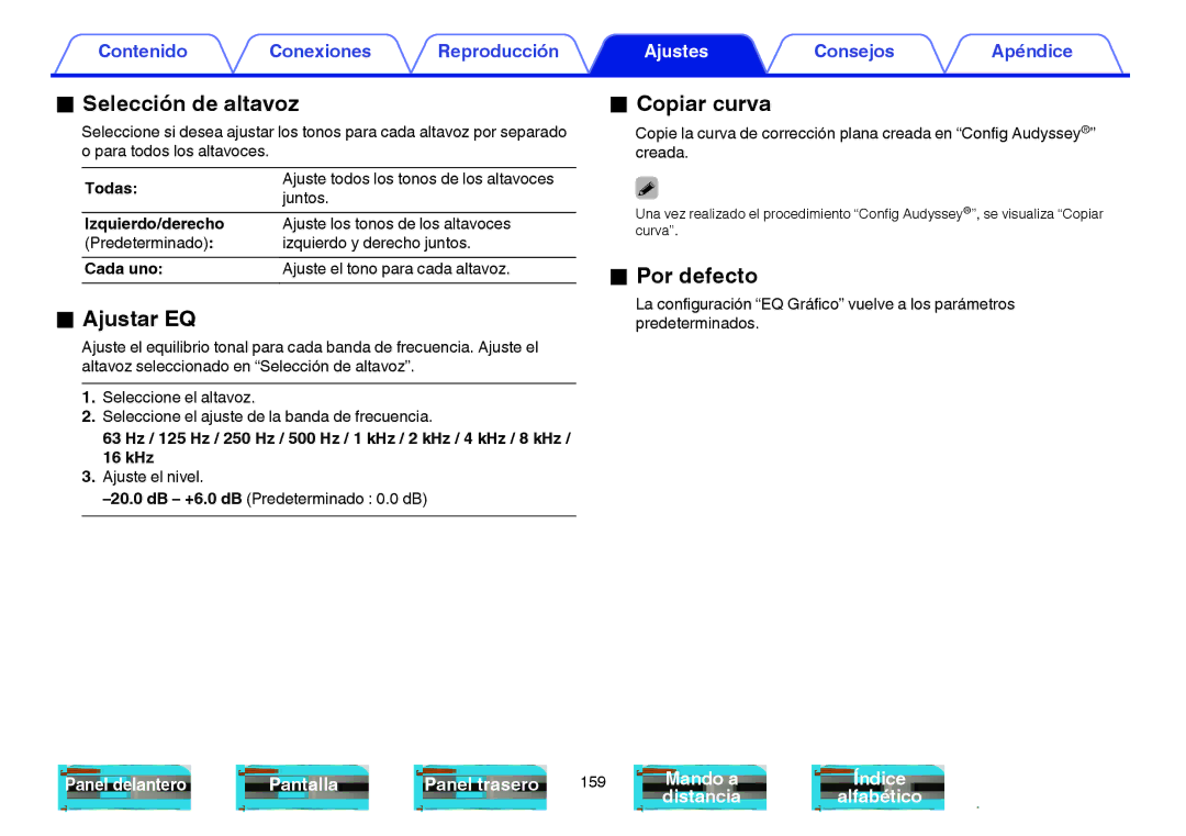 Marantz NR1605 manual Selección de altavoz, Ajustar EQ, Copiar curva, Izquierdo/derecho, Cada uno 