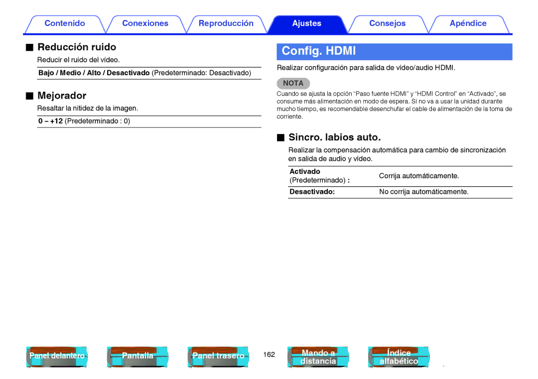 Marantz NR1605 manual Config. Hdmi, Reducción ruido, Mejorador, Sincro. labios auto 