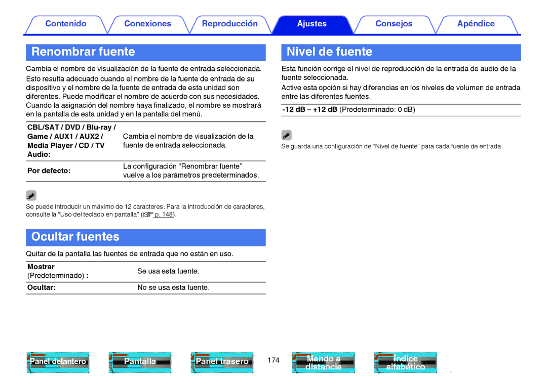 Marantz NR1605 manual Renombrar fuente, Ocultar fuentes, Nivel de fuente, CBL/SAT / DVD / Blu-ray, Audio Por defecto 
