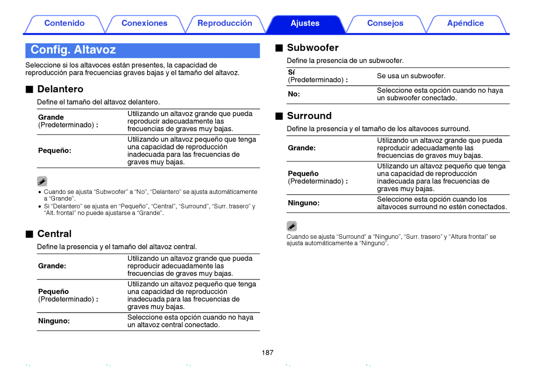 Marantz NR1605 manual Config. Altavoz, Delantero, Central, Surround 