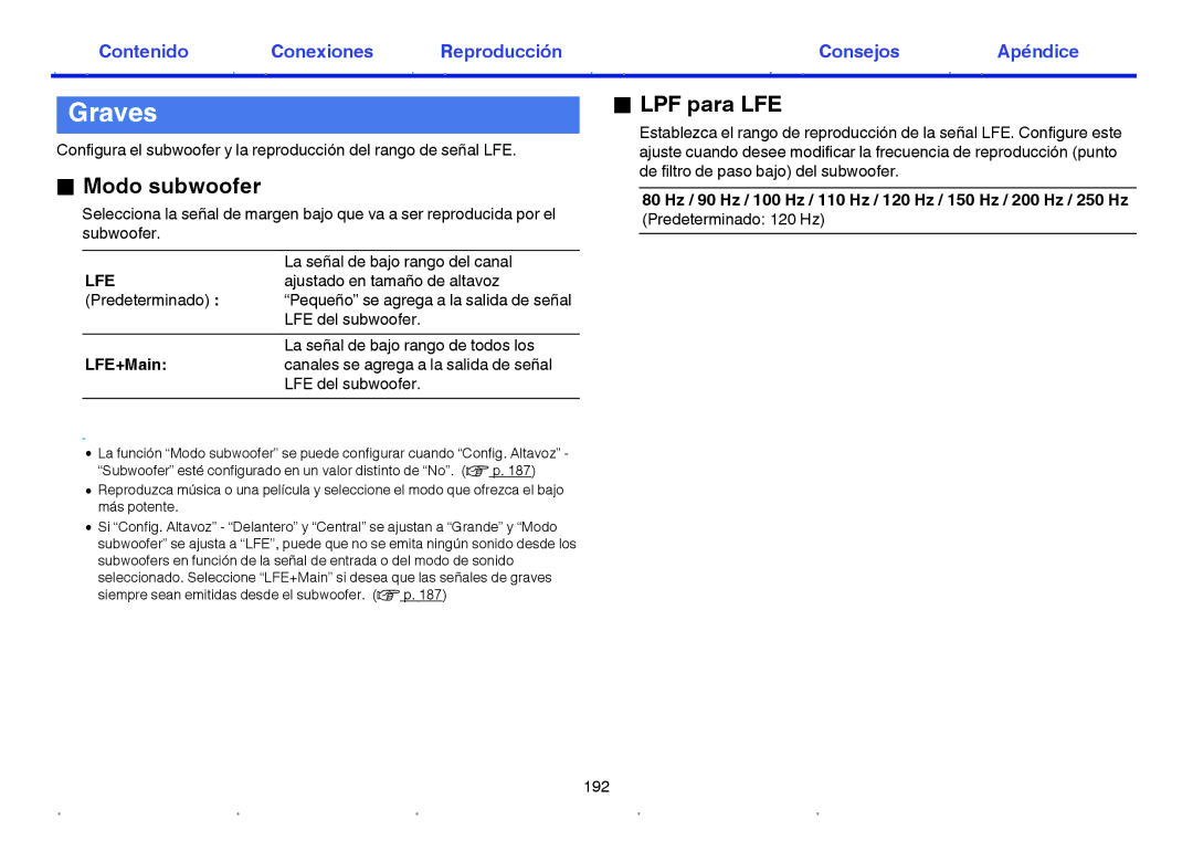 Marantz NR1605 manual Graves, Modo subwoofer, LPF para LFE, Predeterminado 120 Hz 