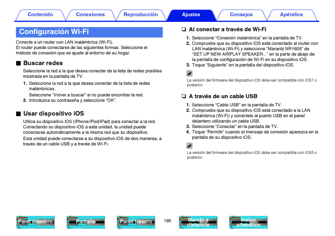 Marantz NR1605 manual Configuración Wi-Fi, Buscar redes, Usar dispositivo iOS 