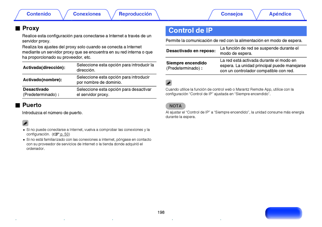 Marantz NR1605 manual Control de IP, Proxy, Puerto, Activadadirección, Activadonombre 