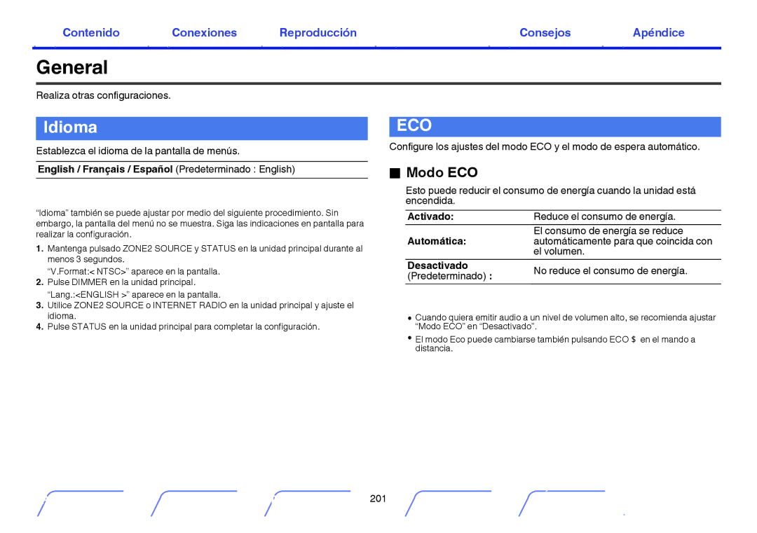 Marantz NR1605 manual General, Idioma, Modo ECO, English / Français / Español Predeterminado English 
