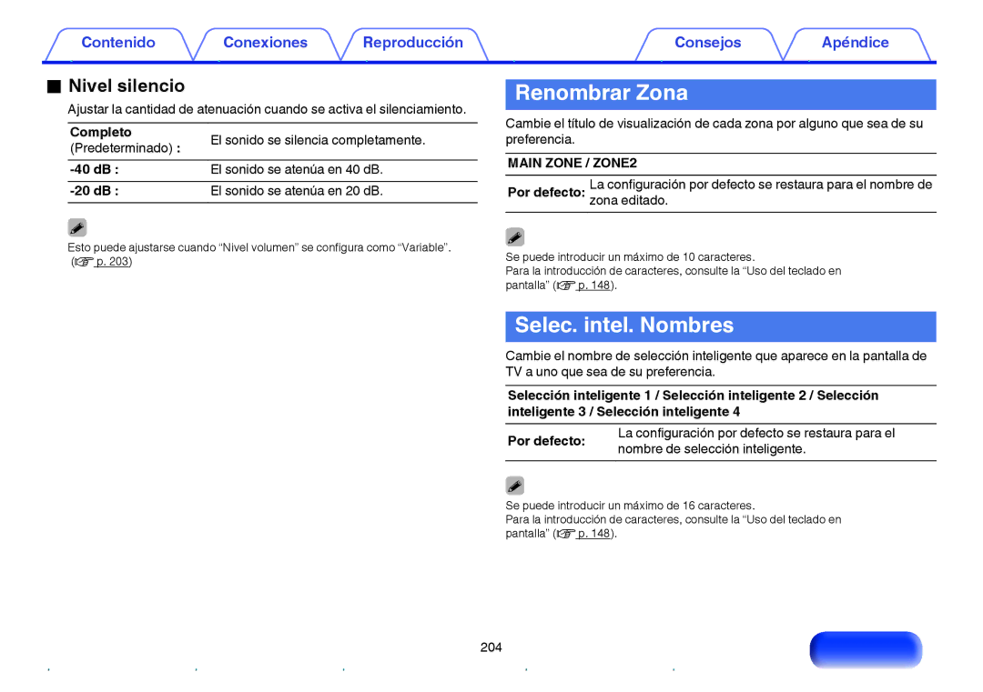 Marantz NR1605 Renombrar Zona, Selec. intel. Nombres, Main Zone / ZONE2, La configuración por defecto se restaura para el 