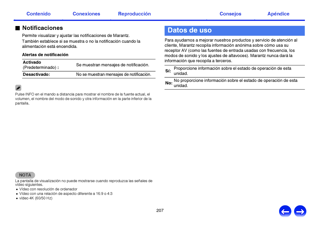Marantz NR1605 manual Datos de uso, Notificaciones 