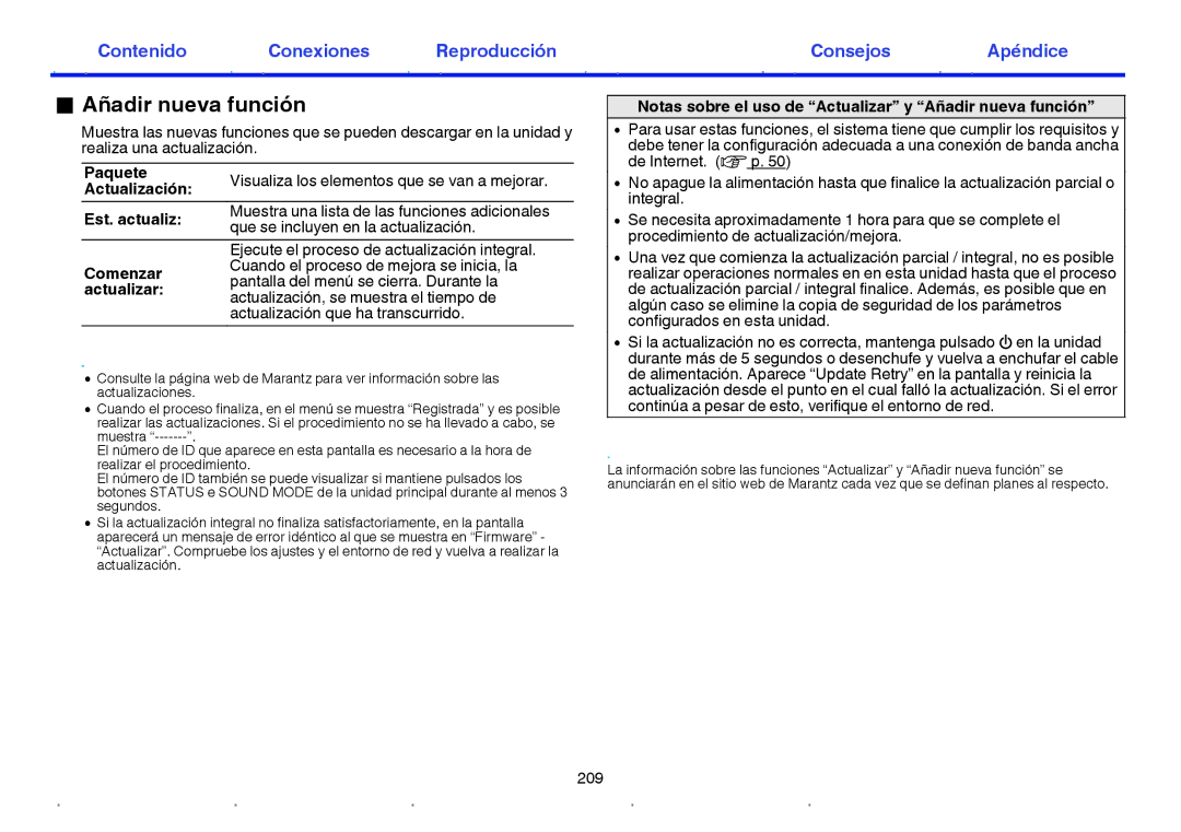 Marantz NR1605 manual Notas sobre el uso de Actualizar y Añadir nueva función 