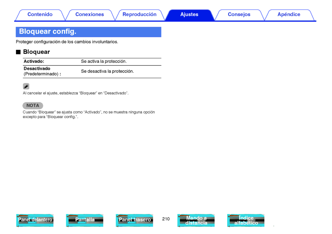 Marantz NR1605 manual Bloquear config, Proteger configuración de los cambios involuntarios 