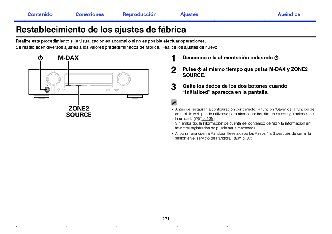 Marantz NR1605 manual Restablecimiento de los ajustes de fábrica, DAX ZONE2 Source 