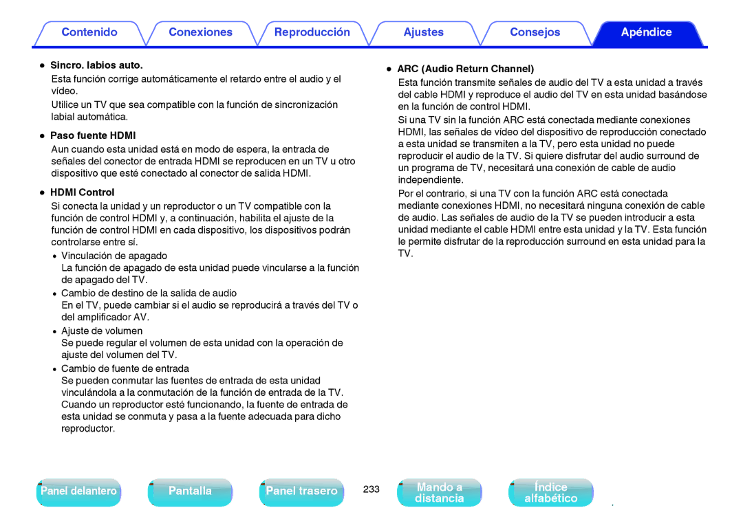 Marantz NR1605 manual Sincro. labios auto, Paso fuente Hdmi, Hdmi Control, ARC Audio Return Channel 