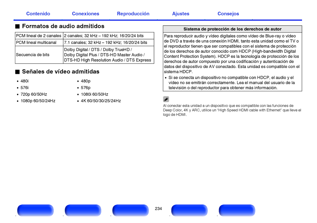 Marantz NR1605 Formatos de audio admitidos, Señales de vídeo admitidas, Sistema de protección de los derechos de autor 