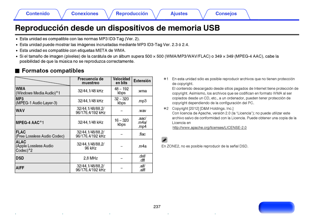 Marantz NR1605 manual Reproducción desde un dispositivos de memoria USB, Formatos compatibles 
