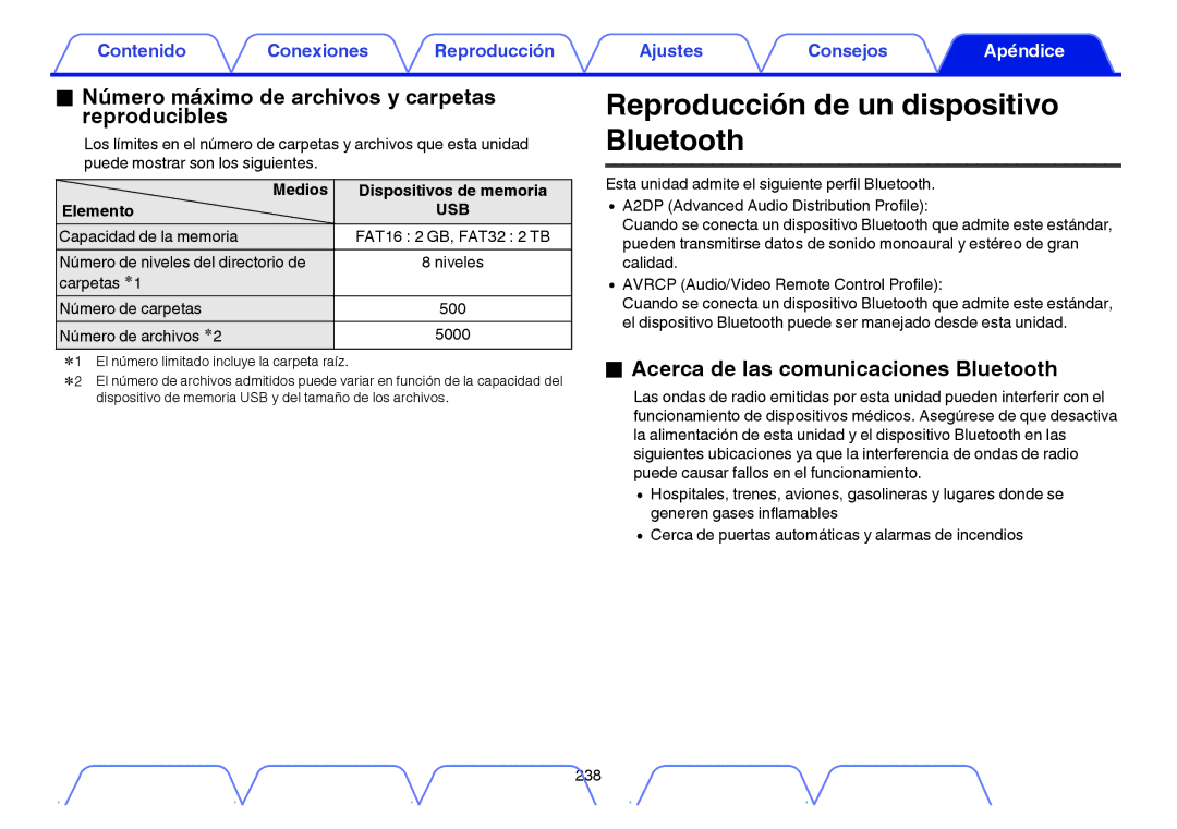 Marantz NR1605 manual Reproducción de un dispositivo Bluetooth, Número máximo de archivos y carpetas reproducibles, Usb 