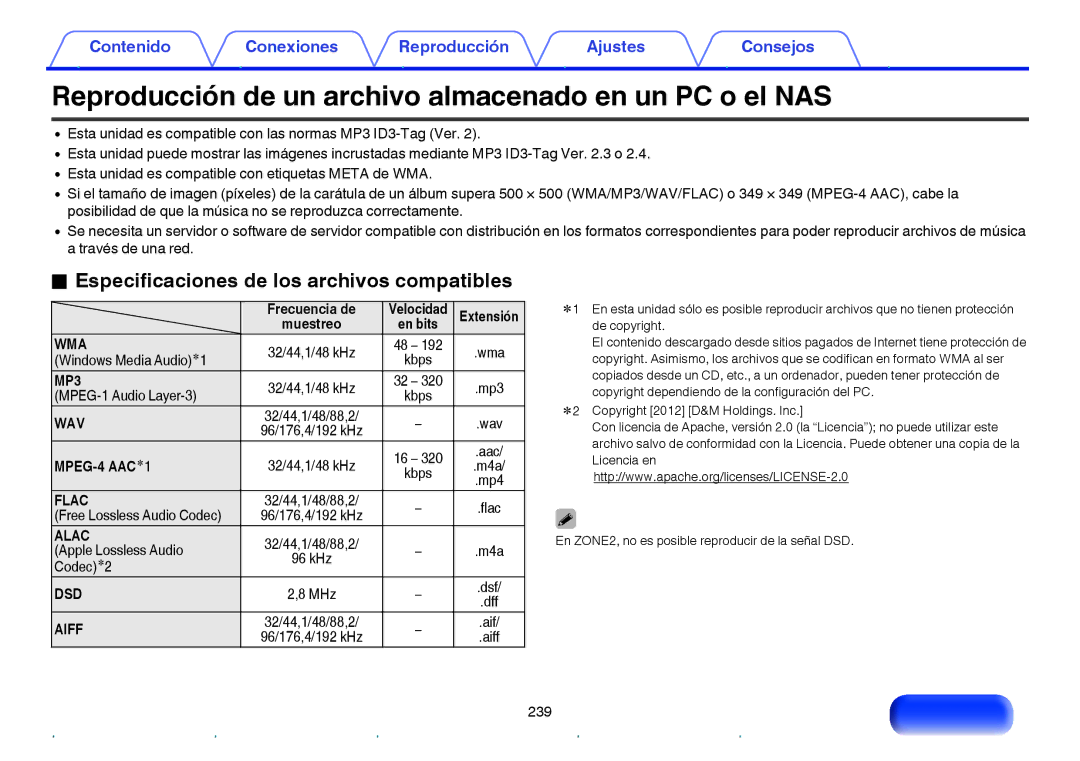 Marantz NR1605 manual Reproducción de un archivo almacenado en un PC o el NAS, Especificaciones de los archivos compatibles 
