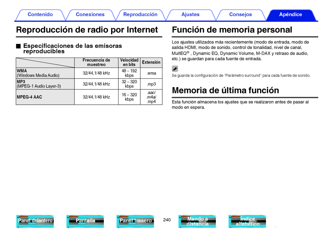 Marantz NR1605 manual Reproducción de radio por Internet, Función de memoria personal, Memoria de última función 