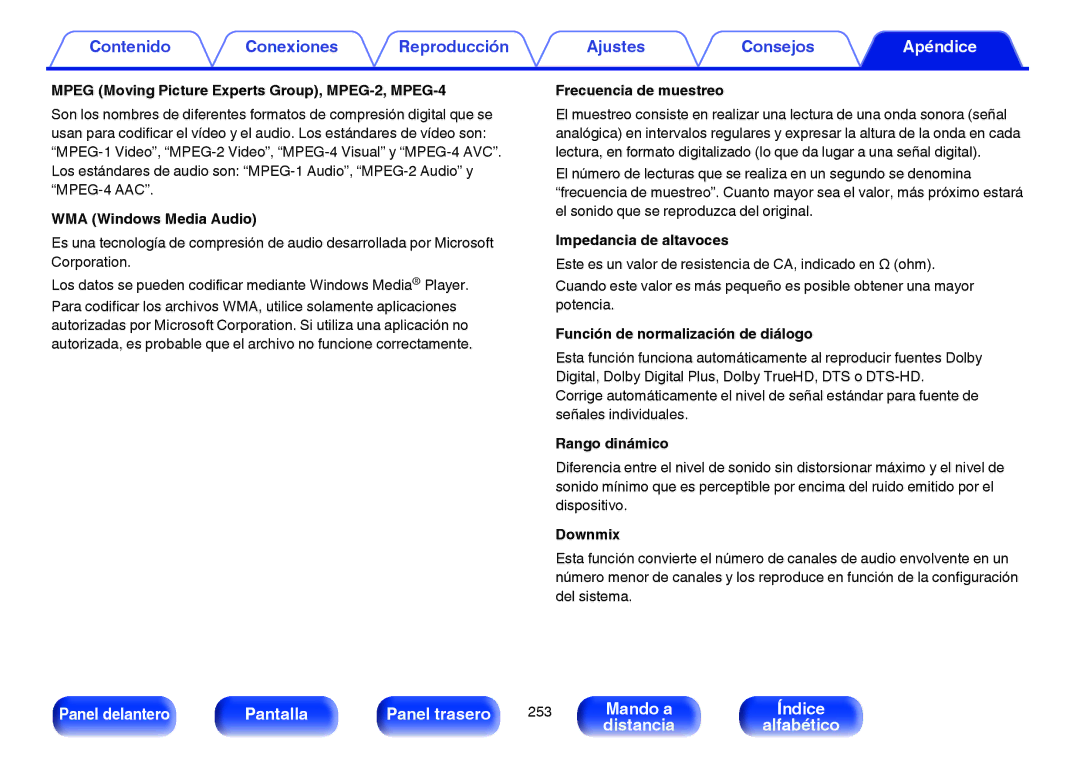 Marantz NR1605 Mpeg Moving Picture Experts Group, MPEG-2, MPEG-4, WMA Windows Media Audio, Frecuencia de muestreo, Downmix 