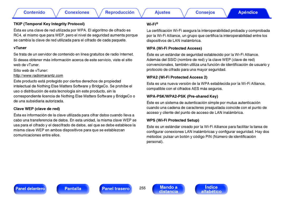 Marantz NR1605 manual Tkip Temporal Key Integrity Protocol, VTuner, Clave WEP clave de red, WPA Wi-Fi Protected Access 