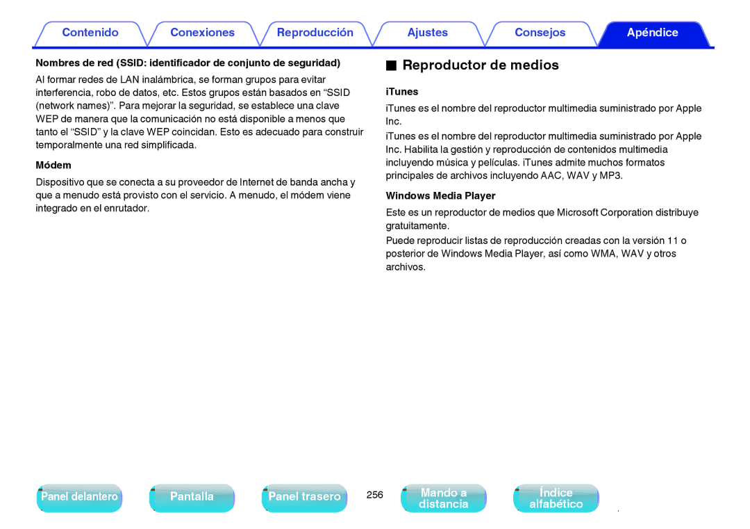 Marantz NR1605 manual Reproductor de medios, Nombres de red Ssid identificador de conjunto de seguridad, Módem, ITunes 