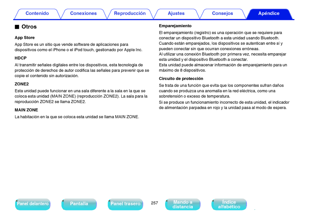 Marantz NR1605 manual Otros, App Store, Hdcp, Emparejamiento, Circuito de protección 