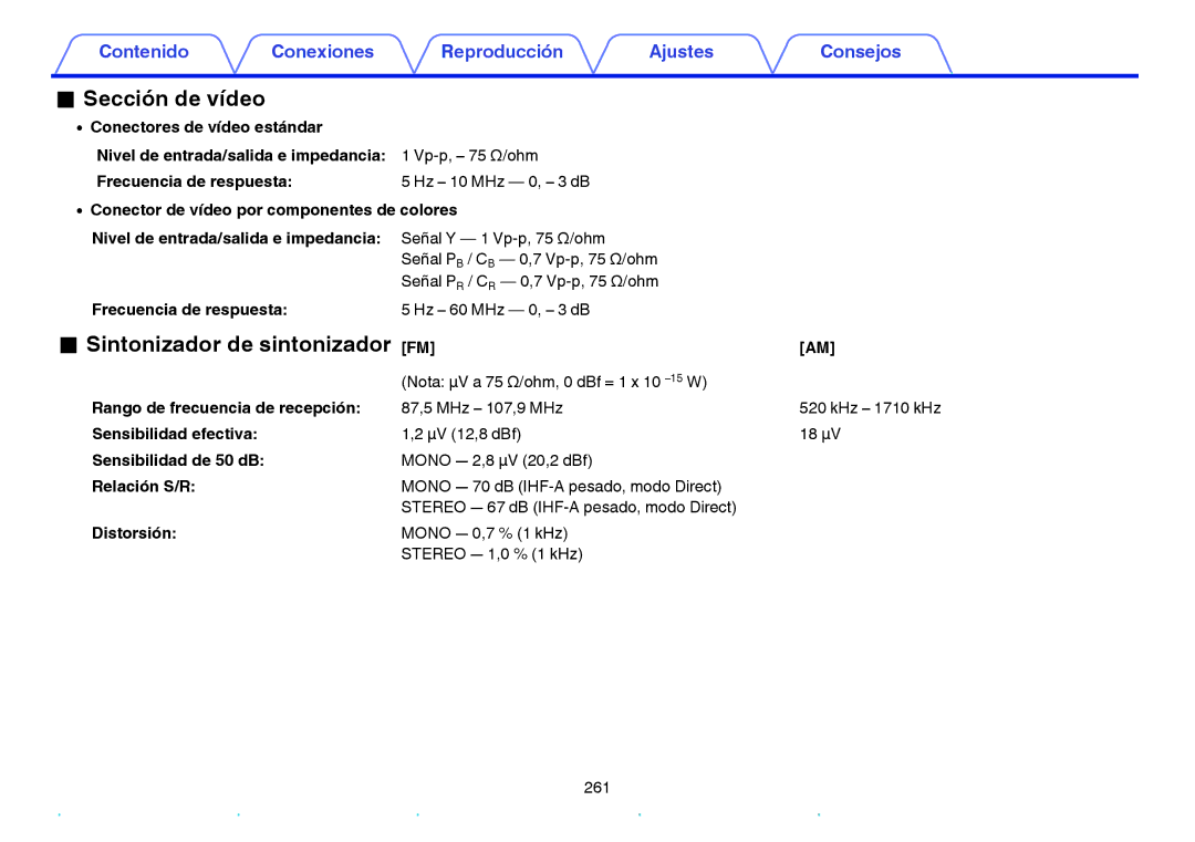 Marantz NR1605 manual Sección de vídeo, Sintonizador de sintonizador FM 