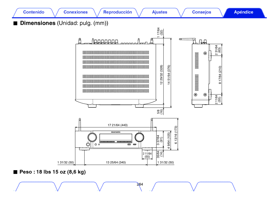 Marantz NR1605 manual Dimensiones Unidad pulg. mm, Peso 18 lbs 15 oz 8,6 kg 