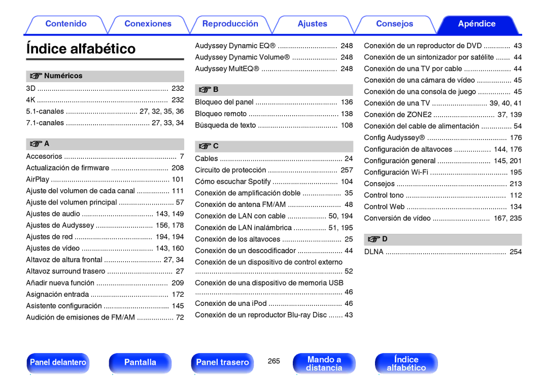 Marantz NR1605 manual Índice alfabético, Numéricos 