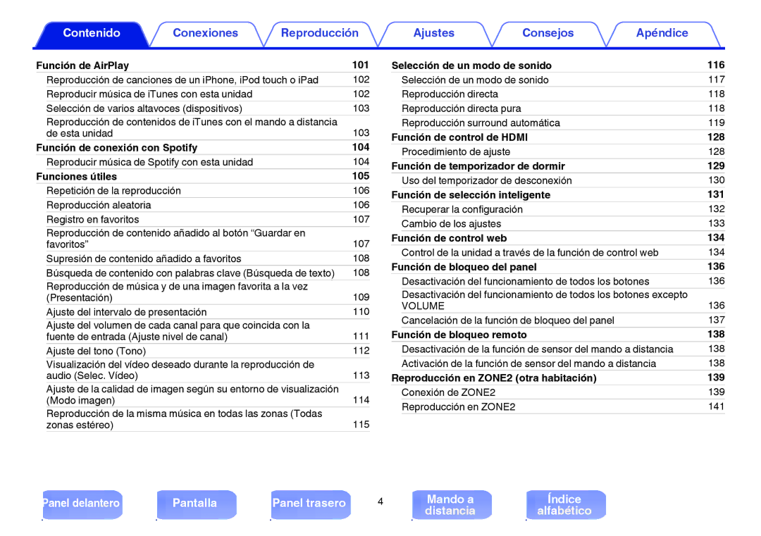 Marantz NR1605 manual Función de AirPlay 101, Función de conexión con Spotify 104, Funciones útiles 105 