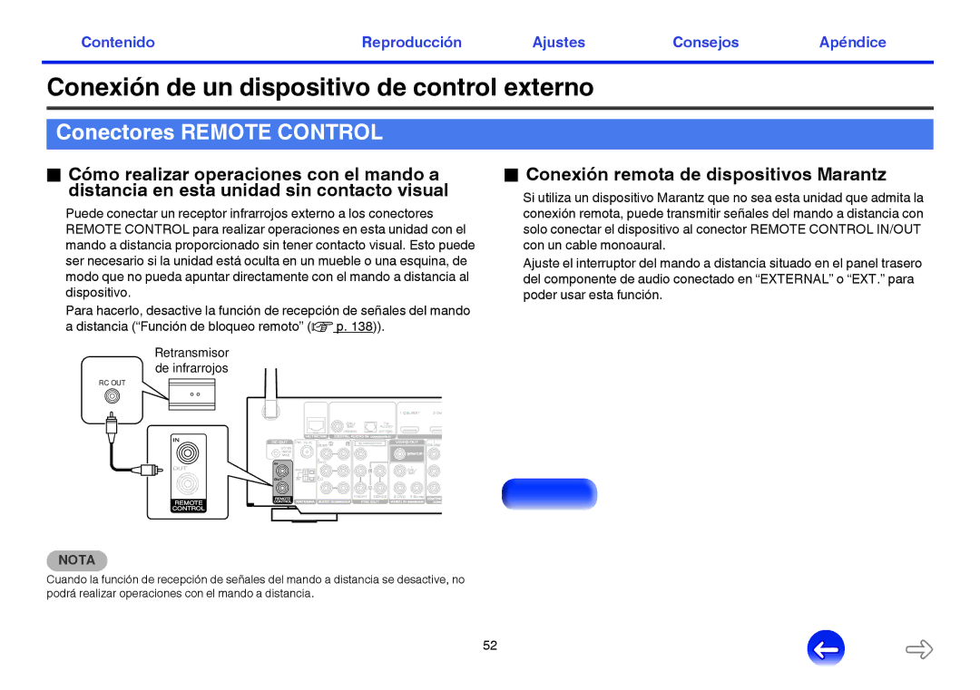 Marantz NR1605 manual Conexión de un dispositivo de control externo, Conectores Remote Control 